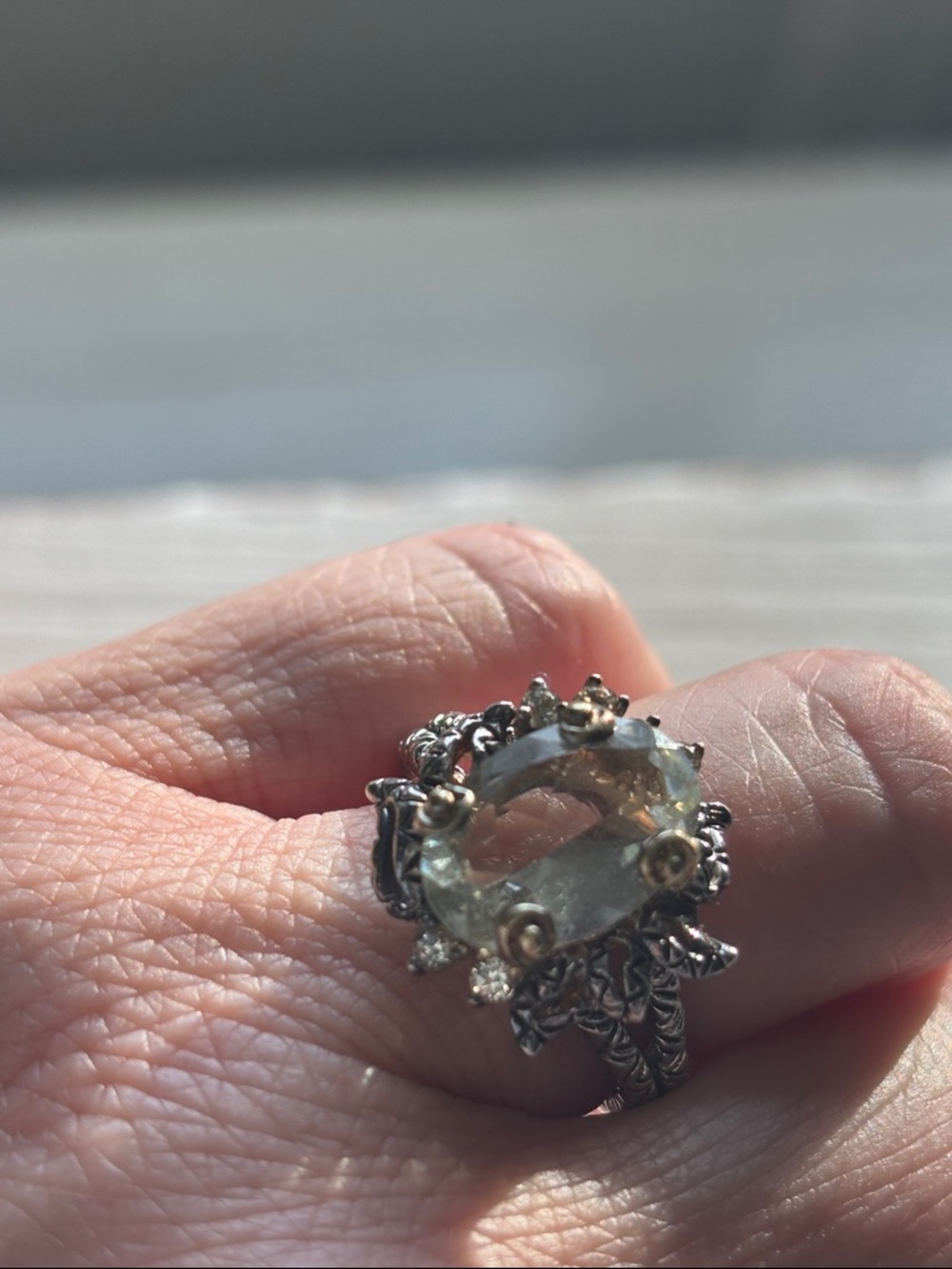 Barbara Bixby 925 Silver and 18k Ring with Pale Green Gemstone and Czs - Picture 6 of 6